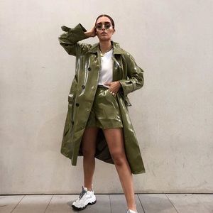 Nasty Gal belted vinyl trench coat in olive